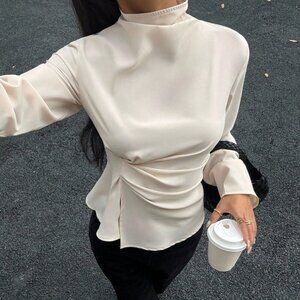 Apricot Elegant Women's Stand Collar Pleated Long Sleeve Blouse